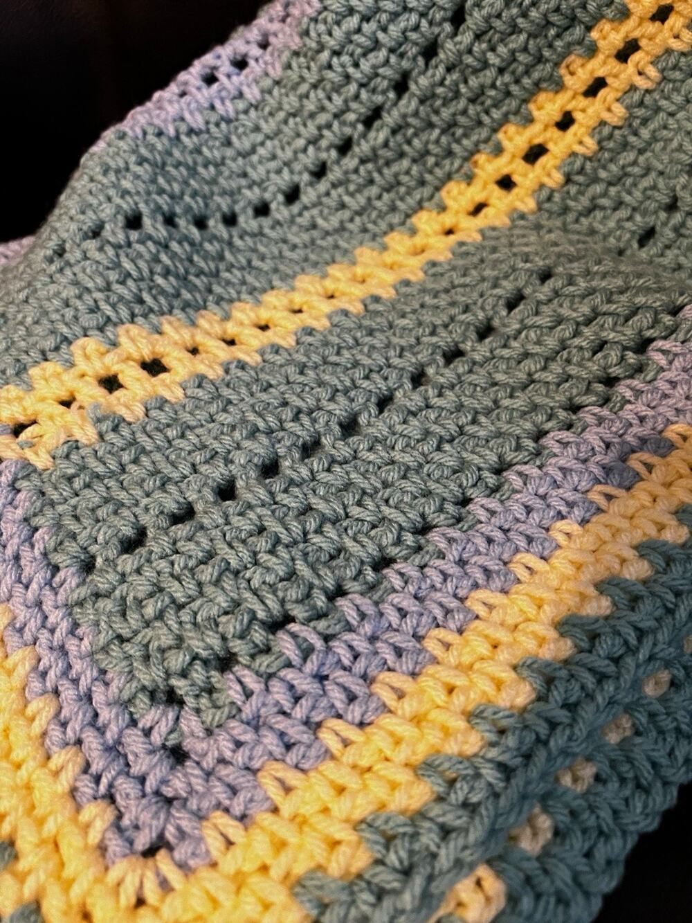 Vintage Hand Crochet Green, Yellow, Periwinkle Throw Blanket Rectangle 34x49